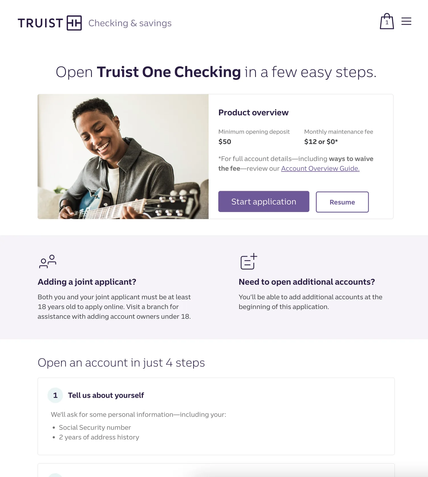 Truist One Checking account-opening intro screen