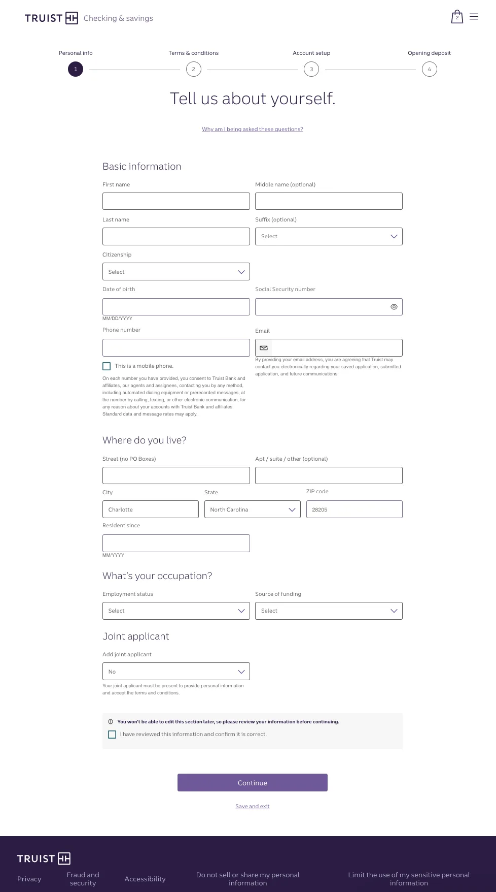 Truist account-opening application form, personal details step