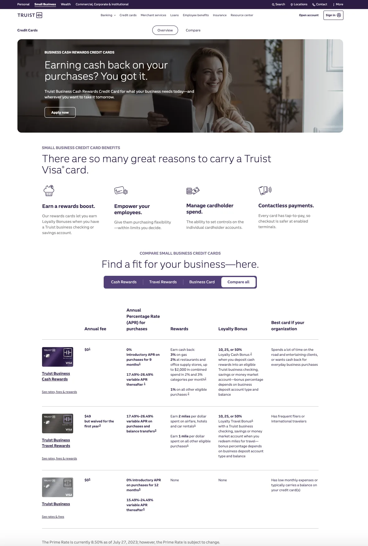 Truist business credit cards comparison page