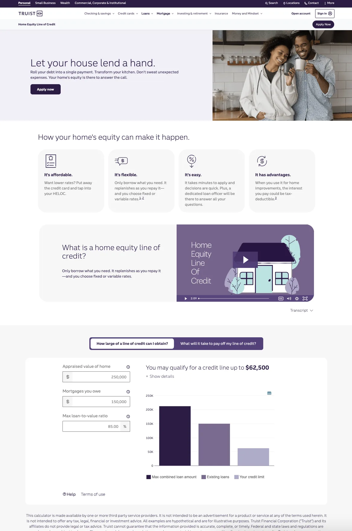 Truist home equity line of credit page with rate estimator